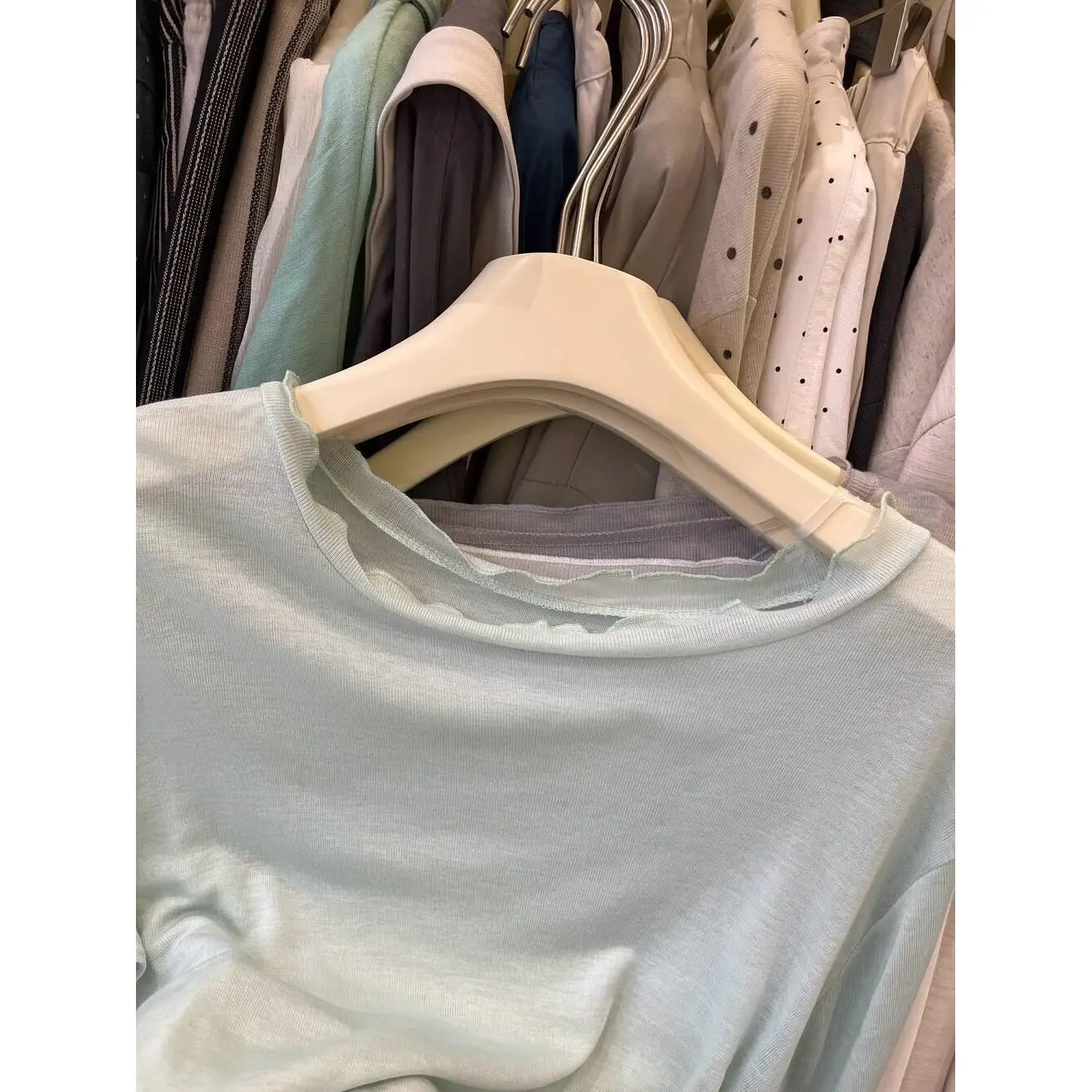 Korean Style Long Sleeve T-Shirt Women's Mint Green Light Weight round Neck Layering Slimming Base Shirt Commute Style Pure C...