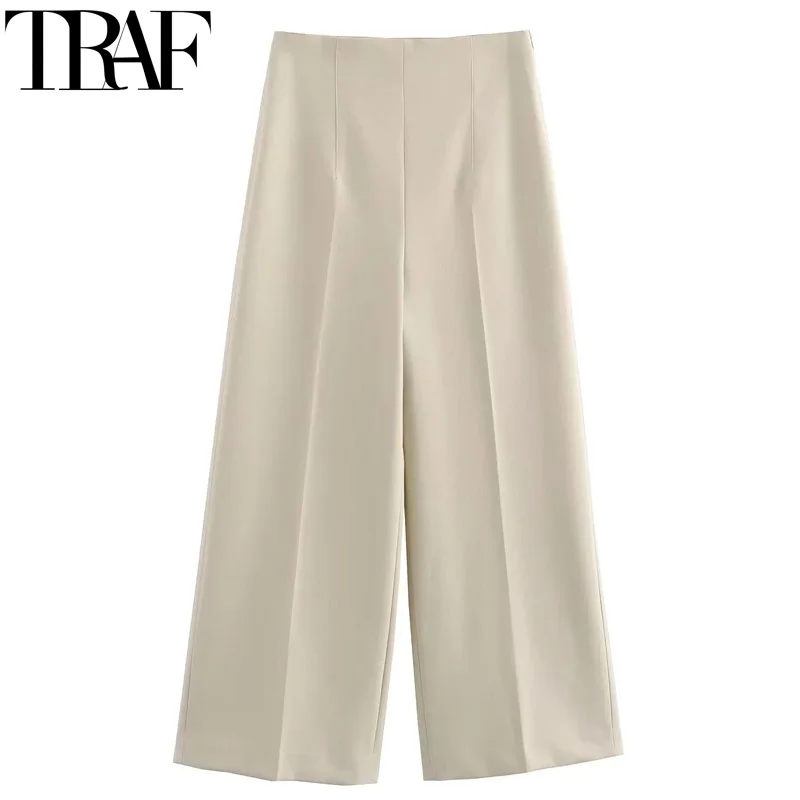 TRAF 2024 Women\'s Pants High Waist Wide Fluid Pants Woman Office Casual Cropped Trousers Womens Summer Pleated Baggy Pants