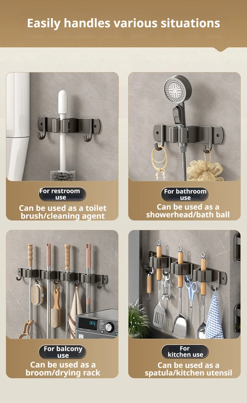 Edelstahl Wandmontierter Mopphalter Organizer mit Haken Bohrfreie Badezimmer-Besen-Aufbewahrungsklammer Robuste Halterung – Detail 18