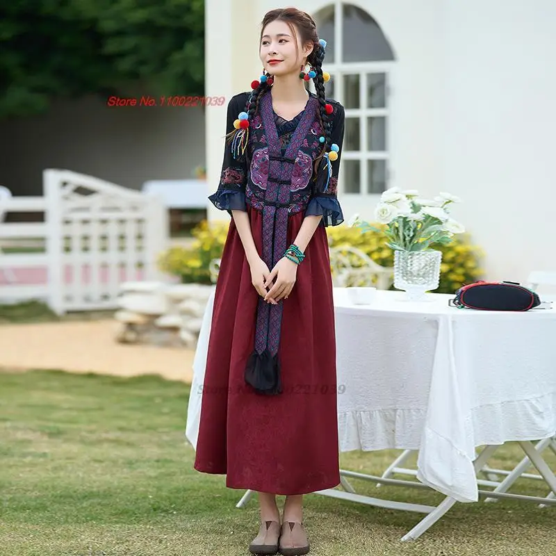 2024 chinese vintage sleeveless dress national flower embroidery patchwork dress traditional vintage oriental ethnic folk dress