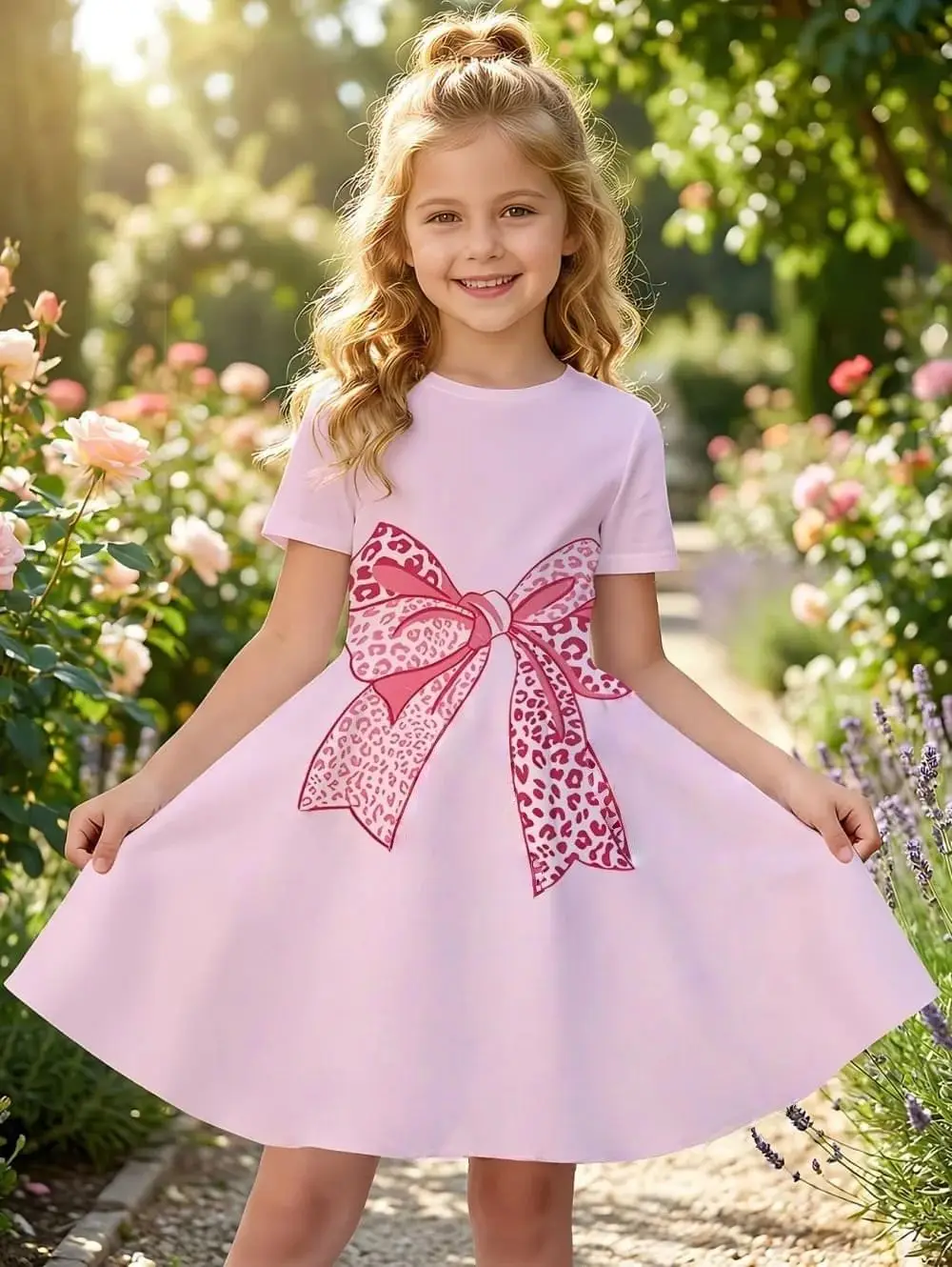 Girl Dresses Short Sleeve Summer Dress Bowknot Heart Print Hawaiian Vacation Beachwear Dress Outfits Bonfire Girls Party Dresses