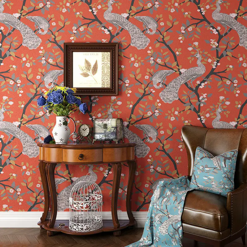 

Modern Traditional Chinese Red Peacock wallpaper AB Style Flowers and Birds Plain Wallpaper for Background Living Room Walls