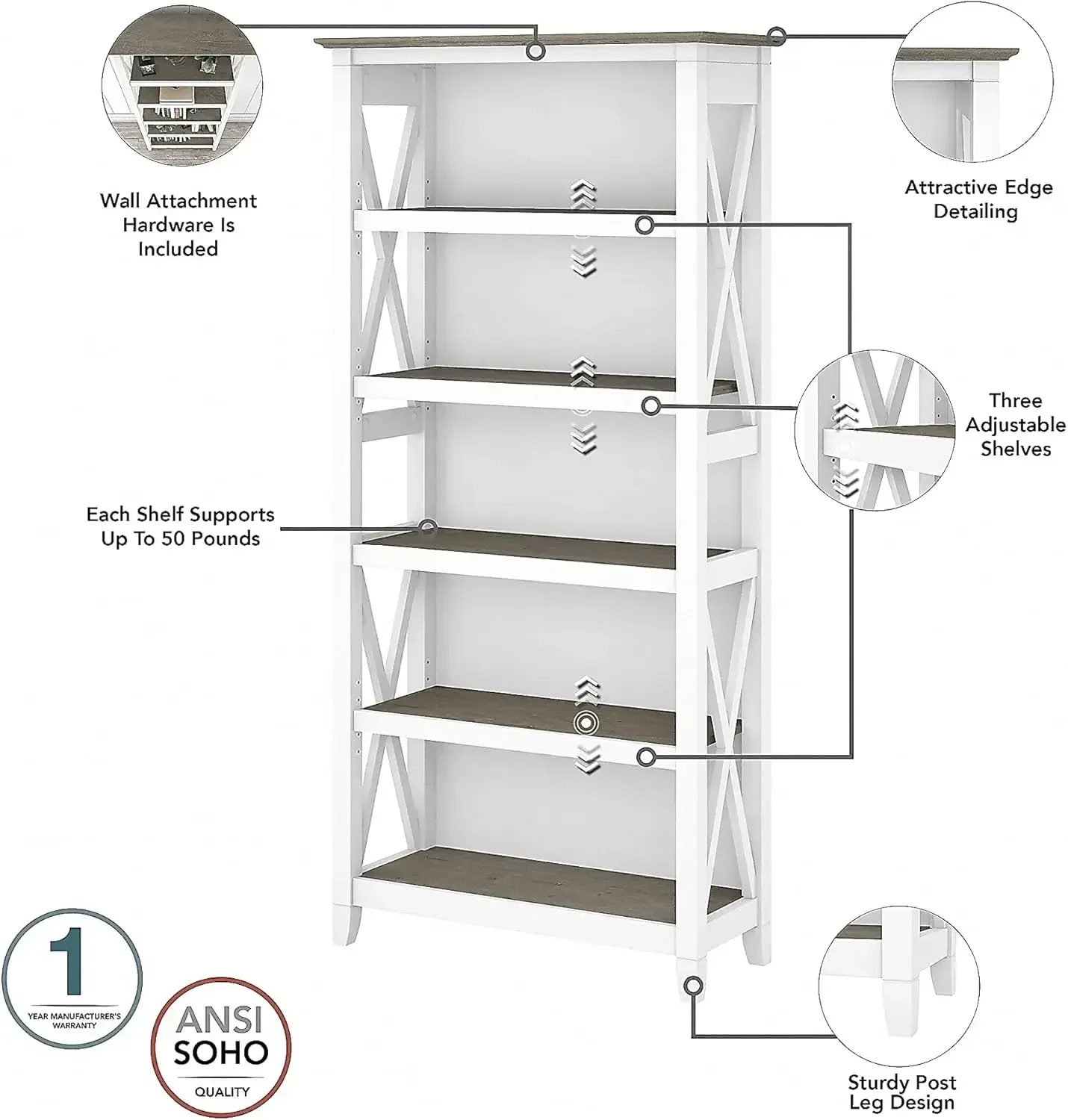[أفضل بائع! ]مكتب كتابة غربي بقدرة 48 وات مع خزانة ملفات جانبية ذات درجين و5 أرفف وخزانة كتب باللون الأبيض النقي والرمادي الداكن