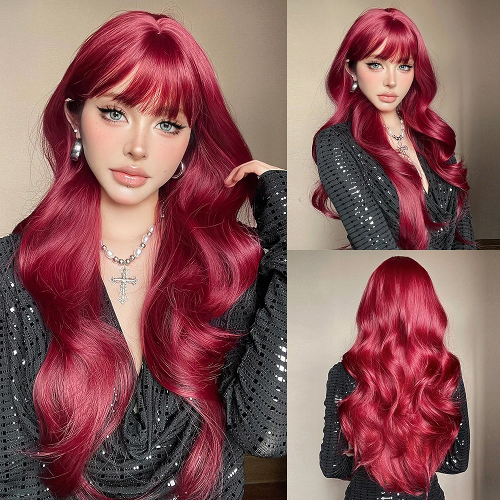 Long Burgundy Water Wave Synthetic Hair Wigs with Full Bangs for White Women Cosplay Wig High Temperature Fiber