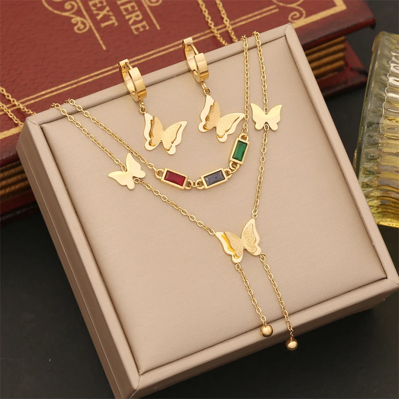 316L Stainless Steel New Fashion Fine Jewelry Set Colorful Zircon Butterfly Charm Chain Necklaces Bracelets Earrings For Women