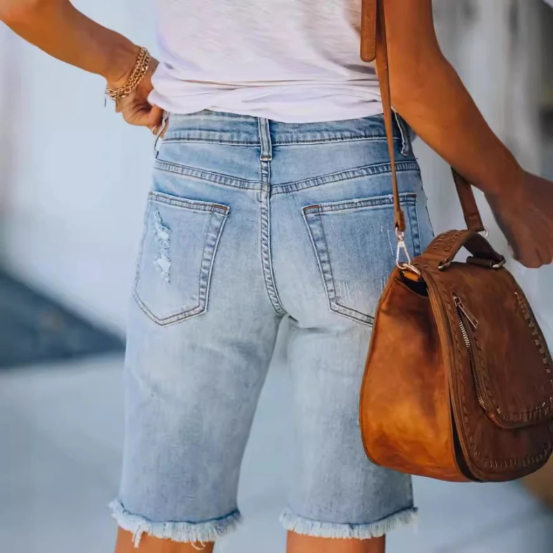 New Woman Cycling Denim Shorts Women Fashion Ripped Tassel Tight Five-Point Shorts Washed Female Summer Thin Short Jeans Q782