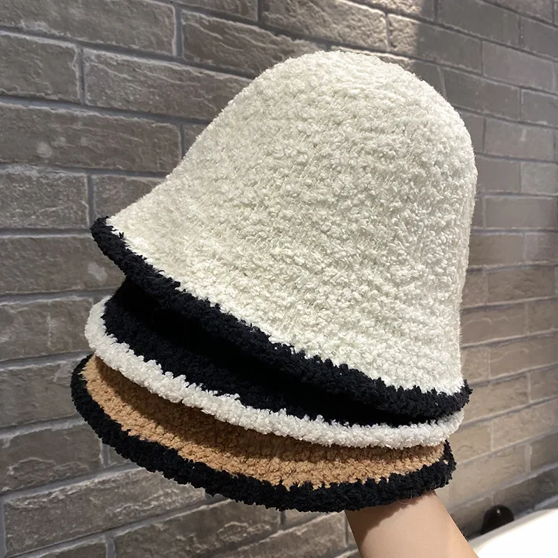 Lamb Fleece Wool Bonnet Cap Women Winter Warm Thick Knitted Hat Panama Fisherman Cap Bucket Hats for Women Шапки Женские Зимние