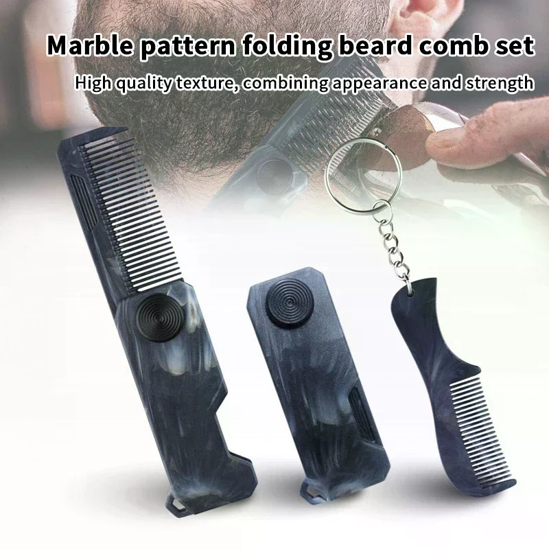 Peine Plegable de Plástico con Patrón de Mármol para Barba y Bigote, Peine de Dientes Finos, Portátil para Viajes, Mini Peine para Barba con Llavero