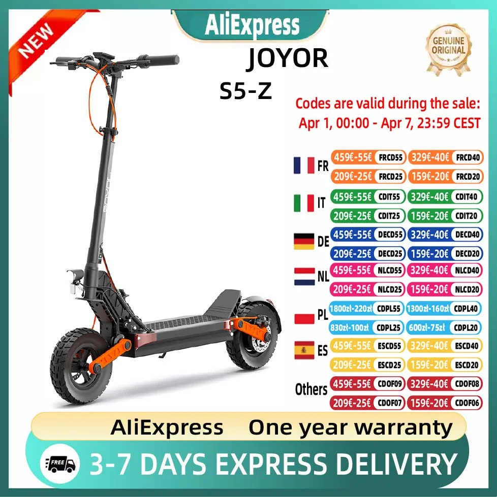 Trottinette électrique tout-terrain JOYOR S5-Z, batterie 48V 13Ah, moteur 600W, trottinette électrique pour adultes avec pneus tout-terrain de 10*3 pouces
