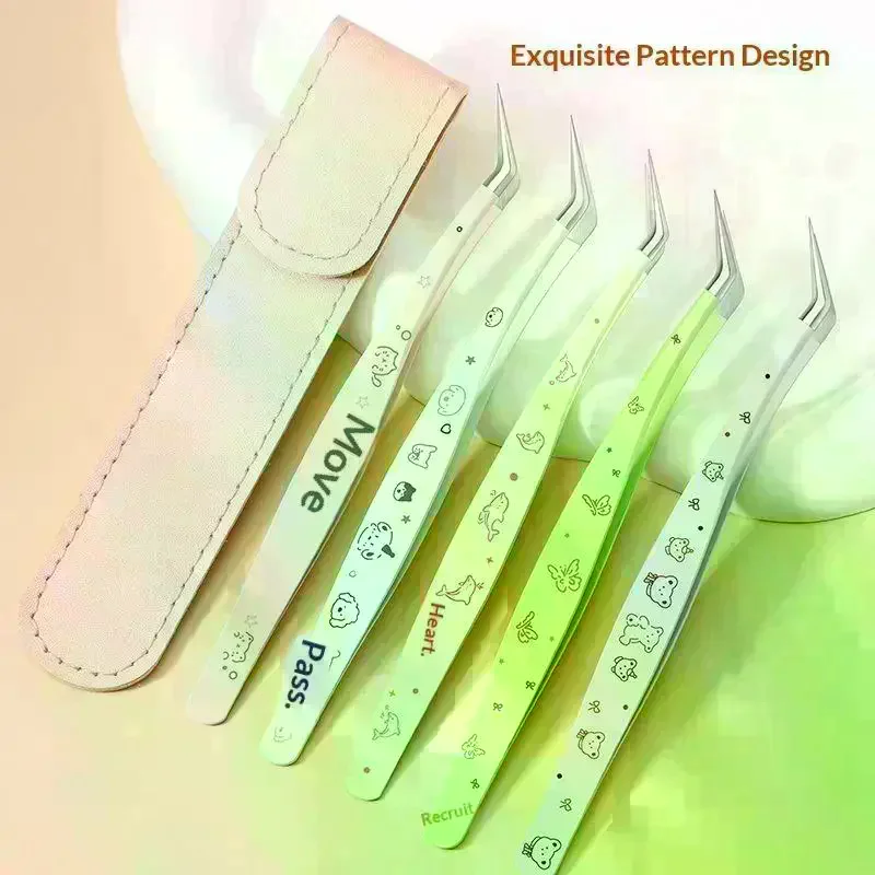 Stainless Steel False Eyelash Tweezers High Precision With Leather Case Lashes Extension Tweezer Anti-static Cartoon
