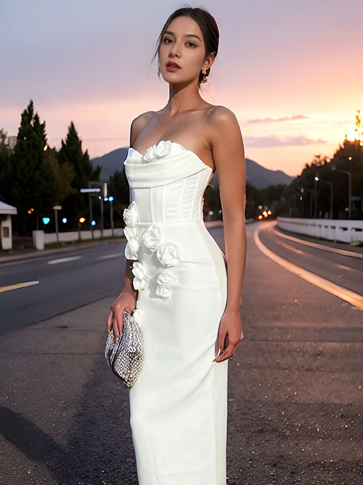 

White Strapl Waist a Dr with 3D Flower Design for Club And Par Ocns Mid-Length Slim-Fit Formal Women's Dr