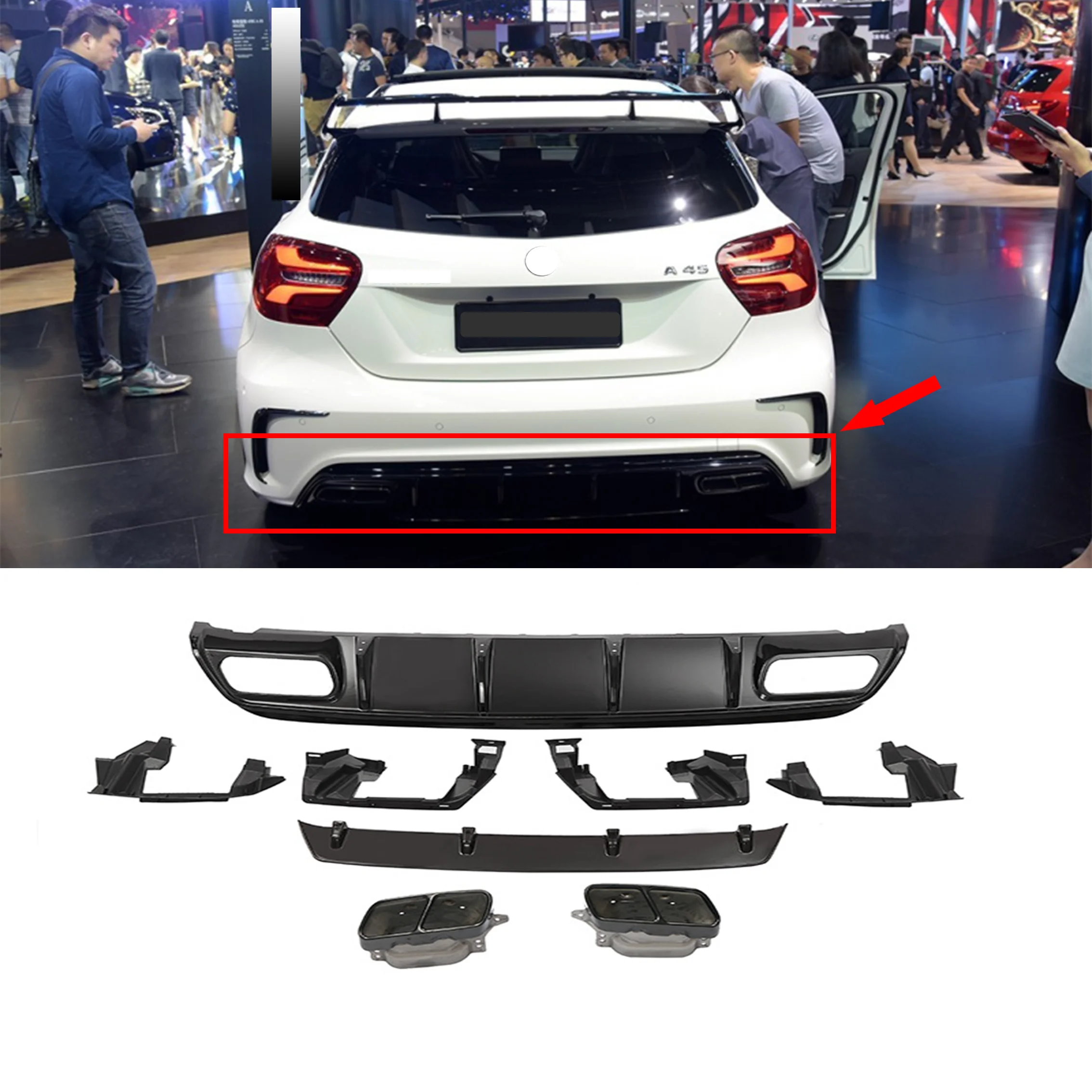 W176 Rear Bumper Diffuser with Red Lip & 4-outlet Exhaust Tips 304 Stainless Steel For Mercedes W176 A45 AMG Package 2013 -2018