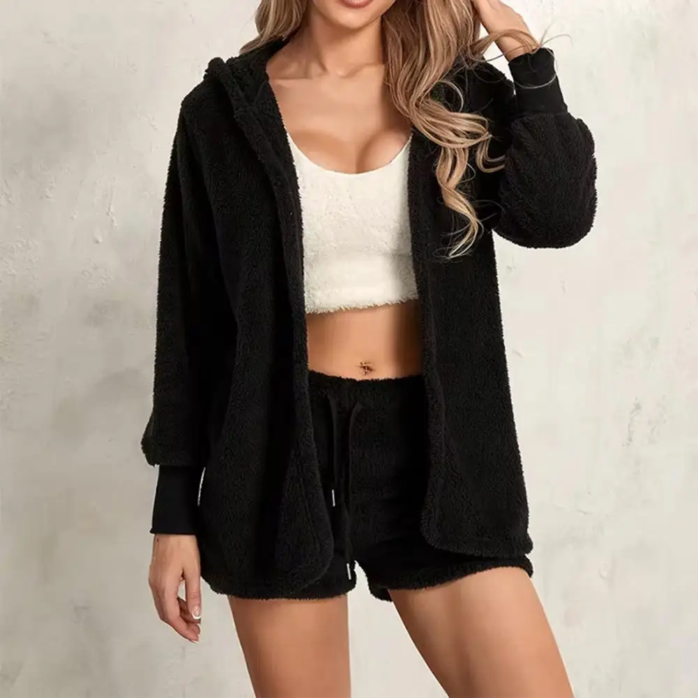 Fluffy Pajamas Set for Women Casual Sleepwear Cardigan Jacket and Shorts Plus Size Hoodie Leisure Homsuit Winter Teddy 2 Pieces