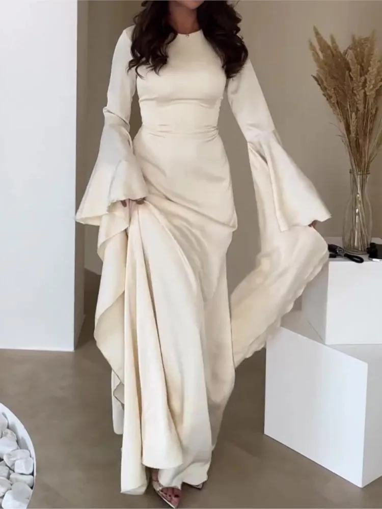 

Women Elegant Solid Color Dress O Neck Chiffon Straight Modest Party Robe Simple Big Swing Sleeves A-line Loose Evening Vestidos