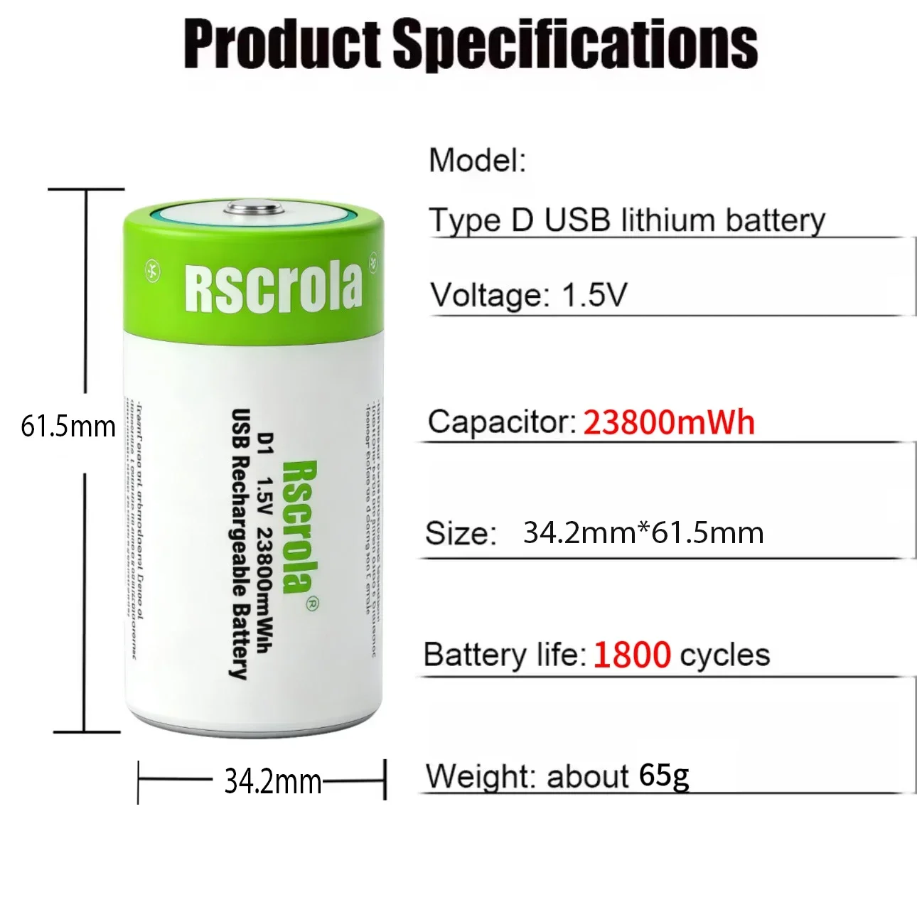 D Size 1.5V LR20 Rechargeable Li-ion Battery, 23800mWh High Capacity USB-C Fast Charging 1800 Cycles for Gas Stoves Flashlights