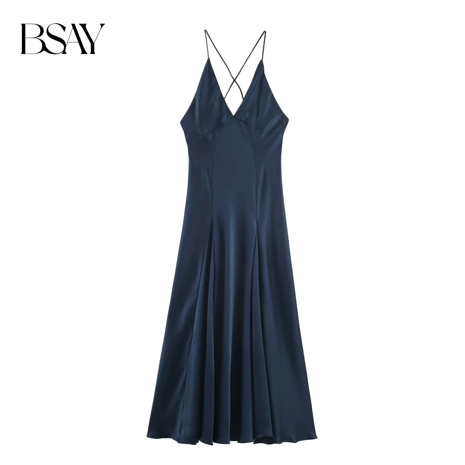 BSAY الساتان فستان طويل أنيق المرأة موضة الخريف الشتاء عارية الذراعين حبال الخامس الرقبة فساتين الفرنسية شيك الإناث مساء الملابس
