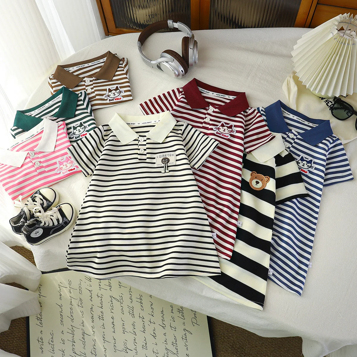 Girls summer dress girl treasure versatile t-shirt skirt baby striped vintage polo skirt girls loose princess dress