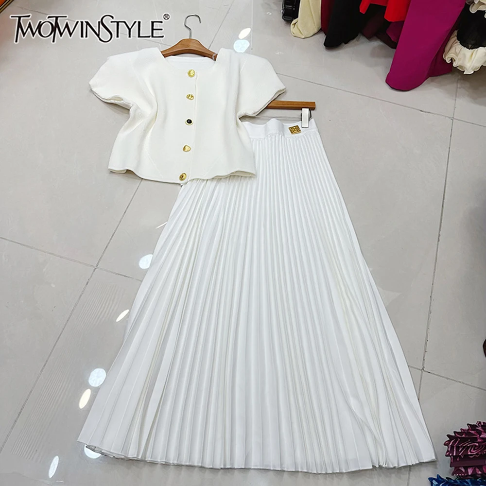 

TWOTWINSTYLE Elegant White Two Piece Set for Women O Neck Button Accent Crop Top Pleated Midi Skirt Suit for Vacation KSE560196