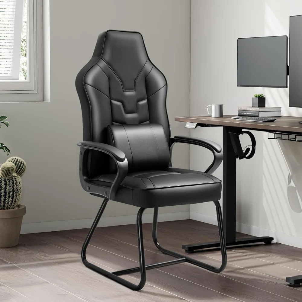 Leather Office Guest Chair No Wheels High Back Computer Desk Chair Reception Chairs with Padded Arms Waist Pillow for Gaming Mee