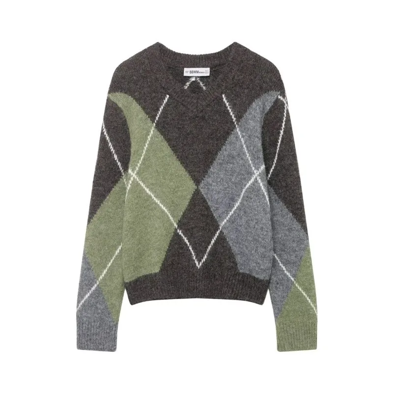 

Women Diamond Pattern Knitted Sweater Winter New V-neck Casual Fashion Pullover Female Retro And Elegant Sweaters