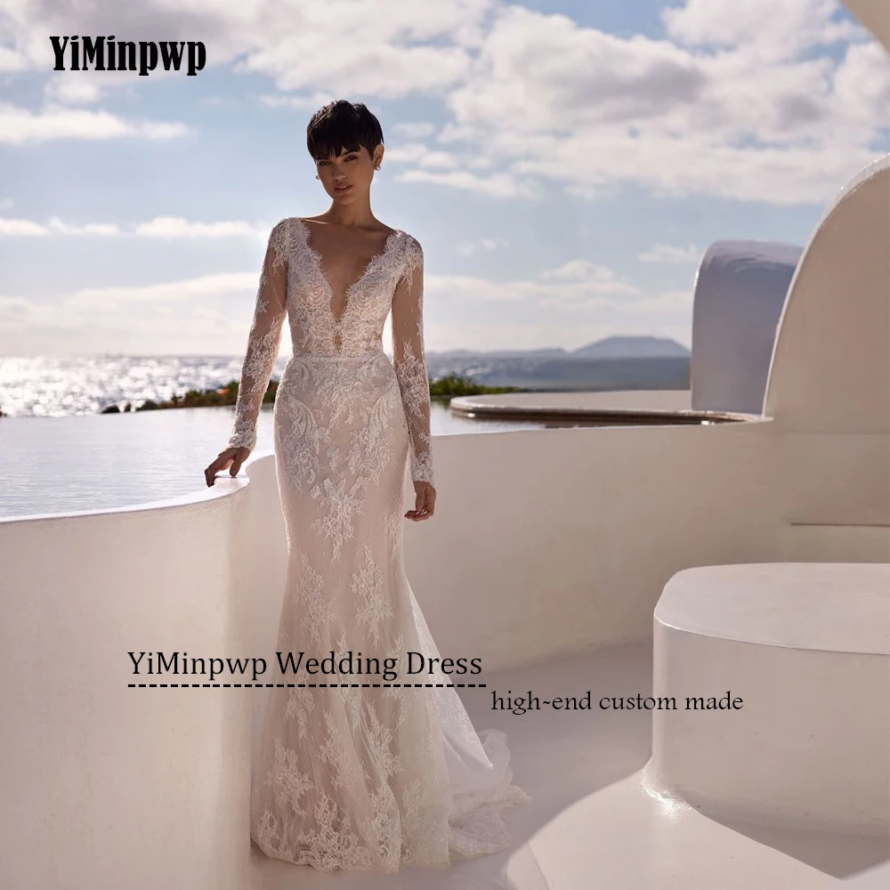 Vestidos de novia de playa de manga larga sirena con cuello en V sin espalda vestido de novia Sexy apliques vestido de novia vestidos de novia personalizados