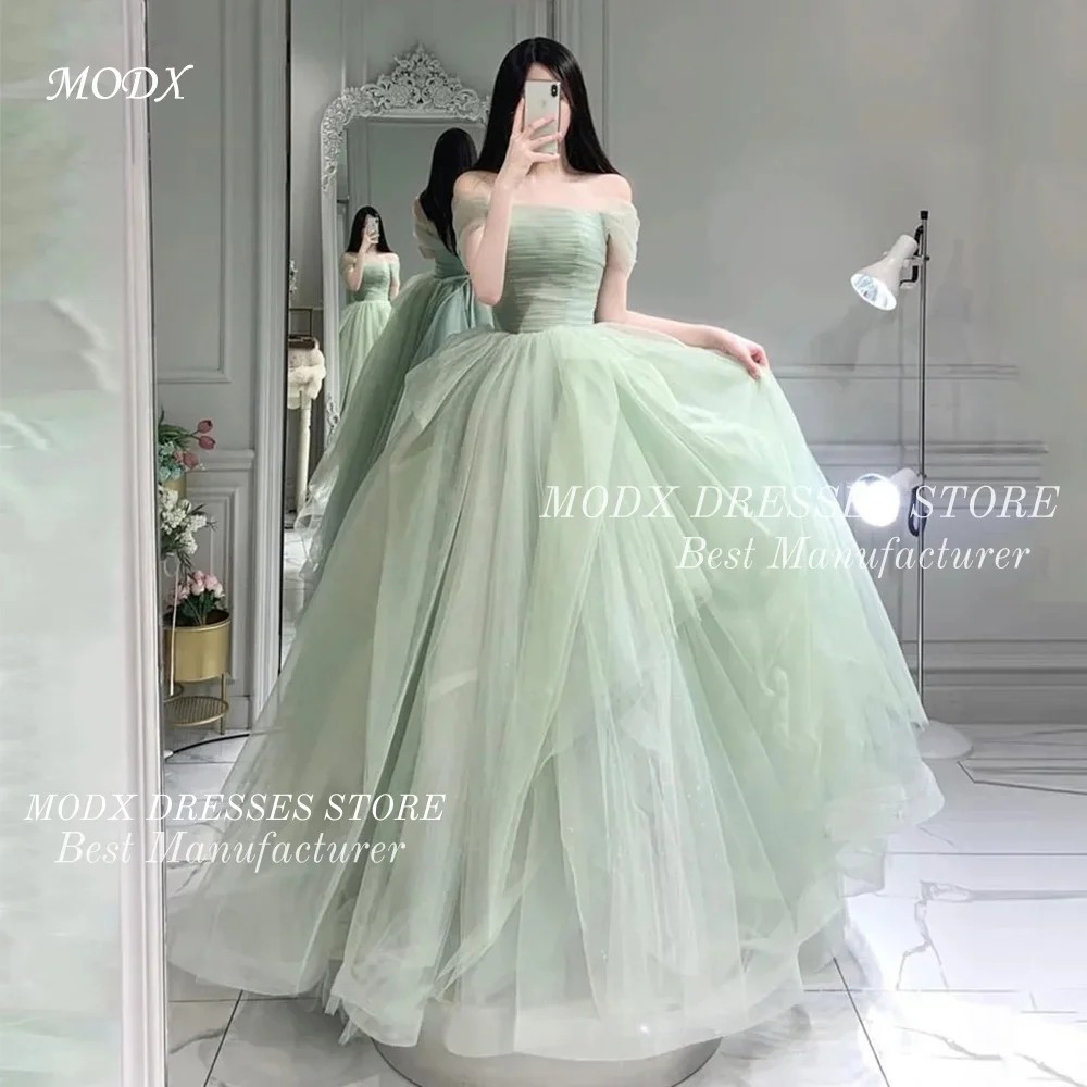 

MODX Fairy Sage Green Tulle Evening Dresses Customized Lace-up Off-shoulder Women Party Dress Formal Celebrity Gowns