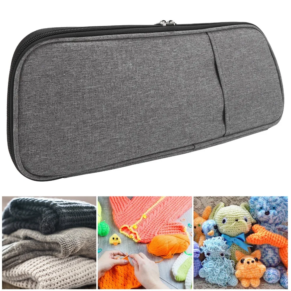 Durable Oxford Cloth Knitting Needle Case Gray Zippered Pouch Crochet Storage Bag Travel Organizer Bag For Knitting Lovers