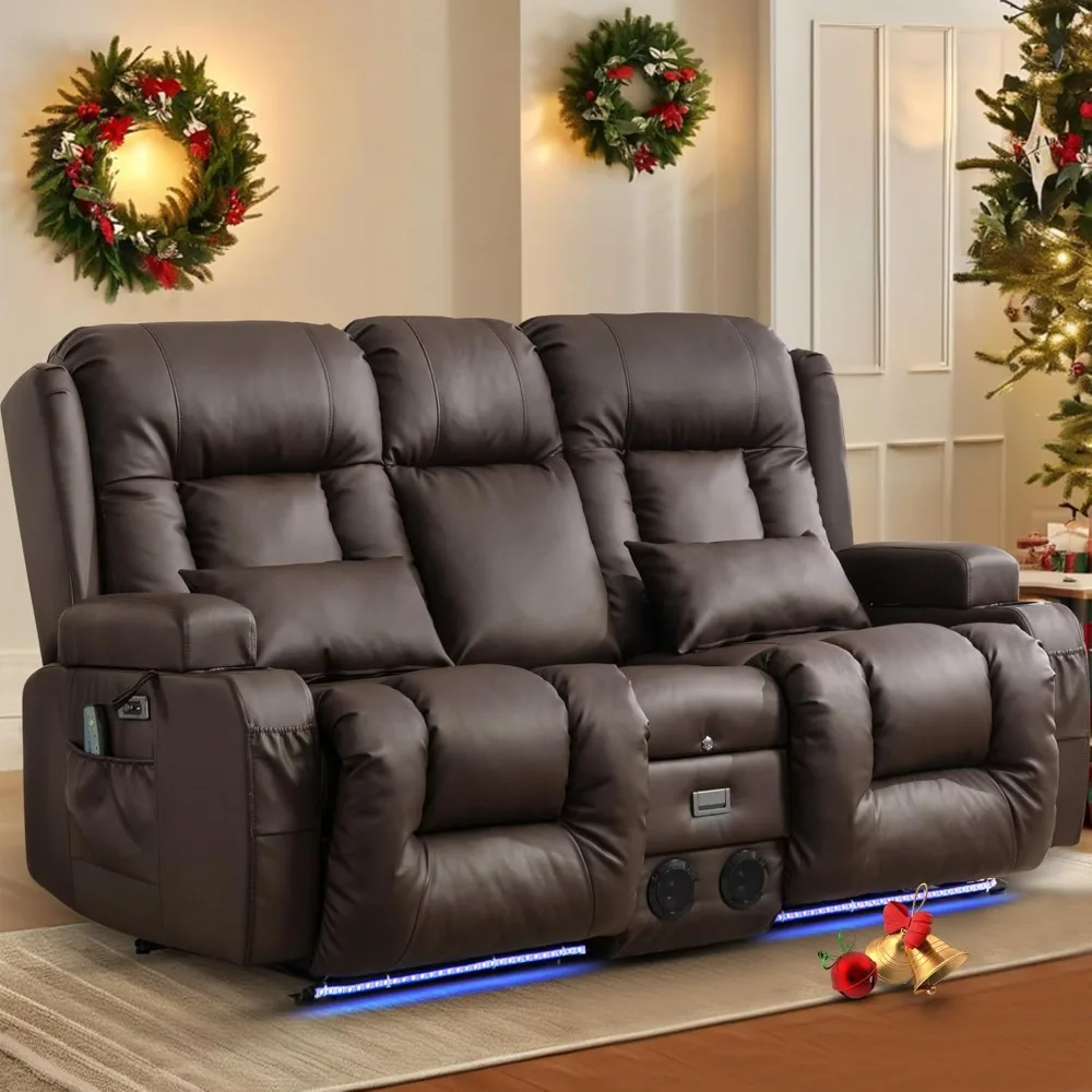 Recliner Sofa with Massage & Heat Home Theater Seating with Console Electric Recliner RV Sofa with USB/Outlet/Storage