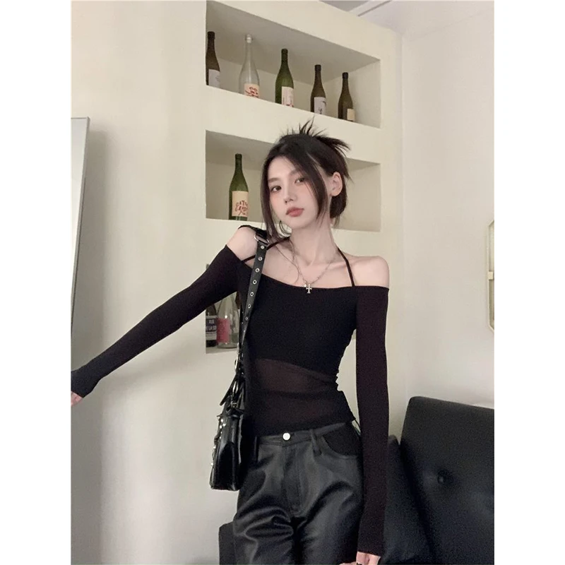 Y2K Halter T Shirts Women Mesh Patchwork Slash Neck Crop Tops Streetwear Korean Sexy Club Black Off Shoulder Sheer Tunic Tees