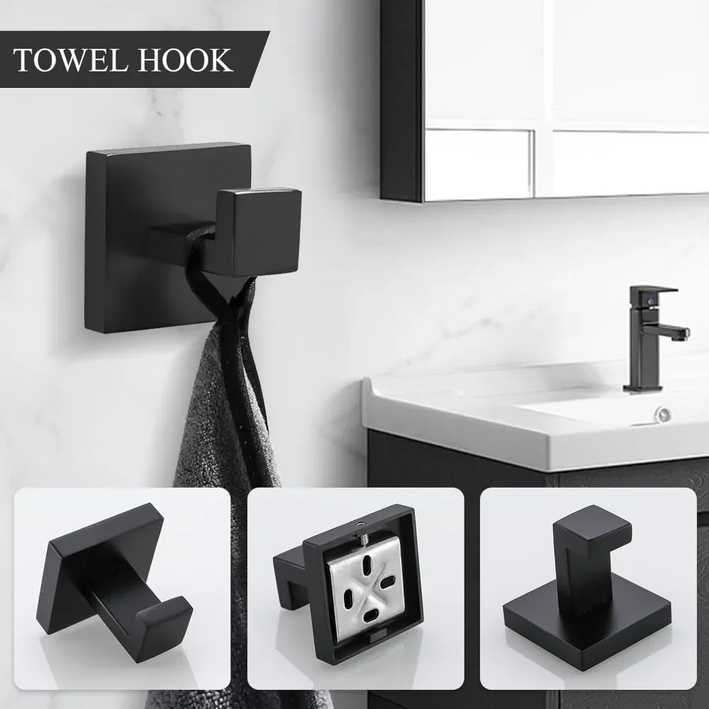 Juego de accesorios de baño de acero inoxidable SUS304, barra de toalla montada en la pared, color negro, 23,6 pulgadas, 5 piezas