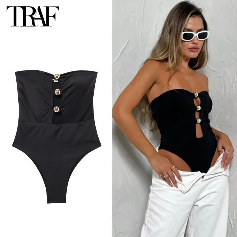 TRAF Black Sexy Tight Bodysuit Women off Shoulder Bodys for Women White Sleeveless Bodysuits Woman 2024 Sexy Outfits Lingerie