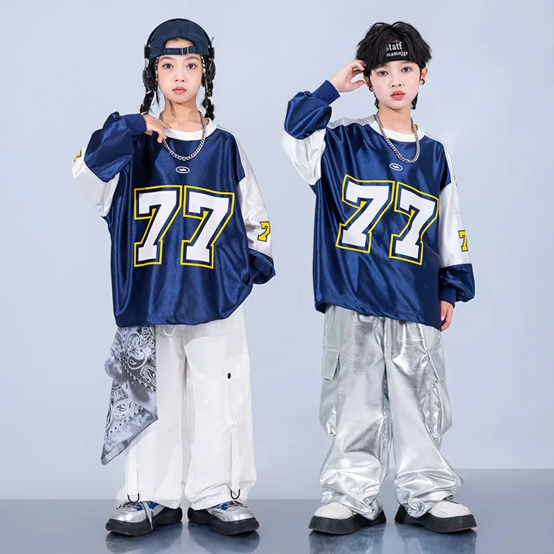 ensemble-2-pieces-pour-enfants-sweat-shirt-argente-brillant-et-pantalon-cargo-unisexe-garcons-et-filles-hip-hop-kpop-jazz-danse-de-rue-costume-de-scene