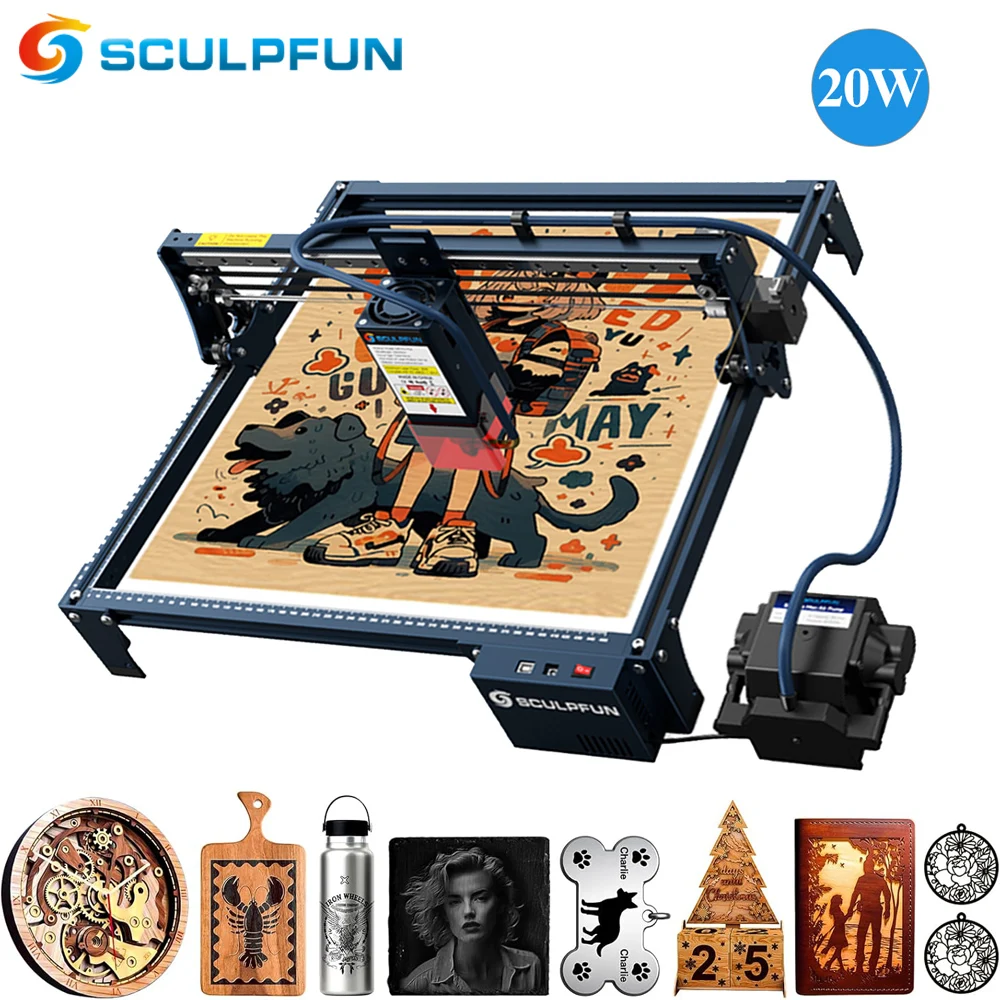 SCULPFUN S30 PRO MAX Laser Engraving Machine with Automatic Air Assist System 20W Laser Power 400*400mm Engraving Area Cutter