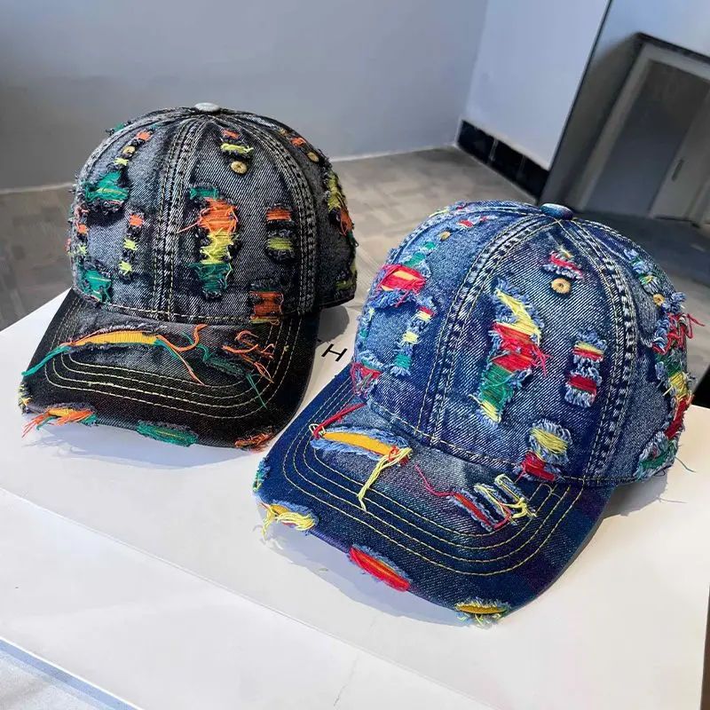 Vintage Ripped Denim Baseball Caps For Men Women Colorful Frayed Edge Sun Protection Hats Spring Summer All Match Adjustable Cas