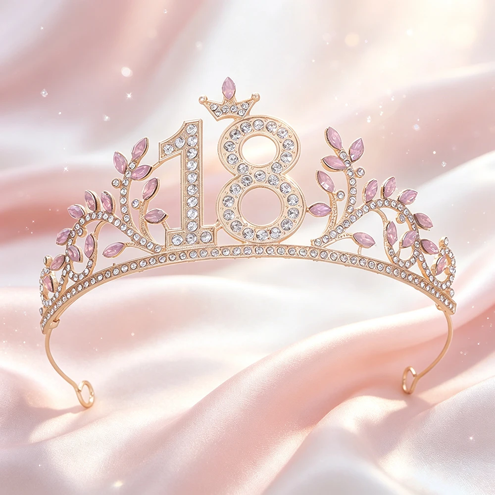 18th Birthday Tiara Crown Rhinestone Leaf Crystal Headband Women Sweet 18 Party Quinceanera Prom Celebration Hair Accessories