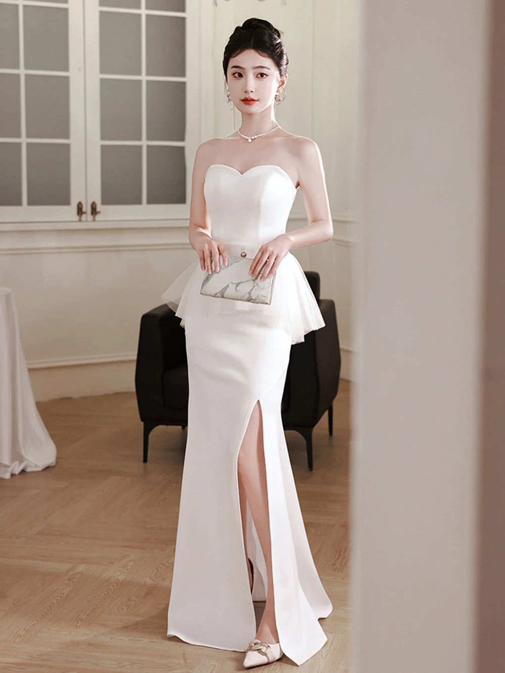 

Elegant White Satin Women Evening Dress Strapless Slim Patchwork Mesh Hem Design Gown Forked Fishtail Wedding Vestido