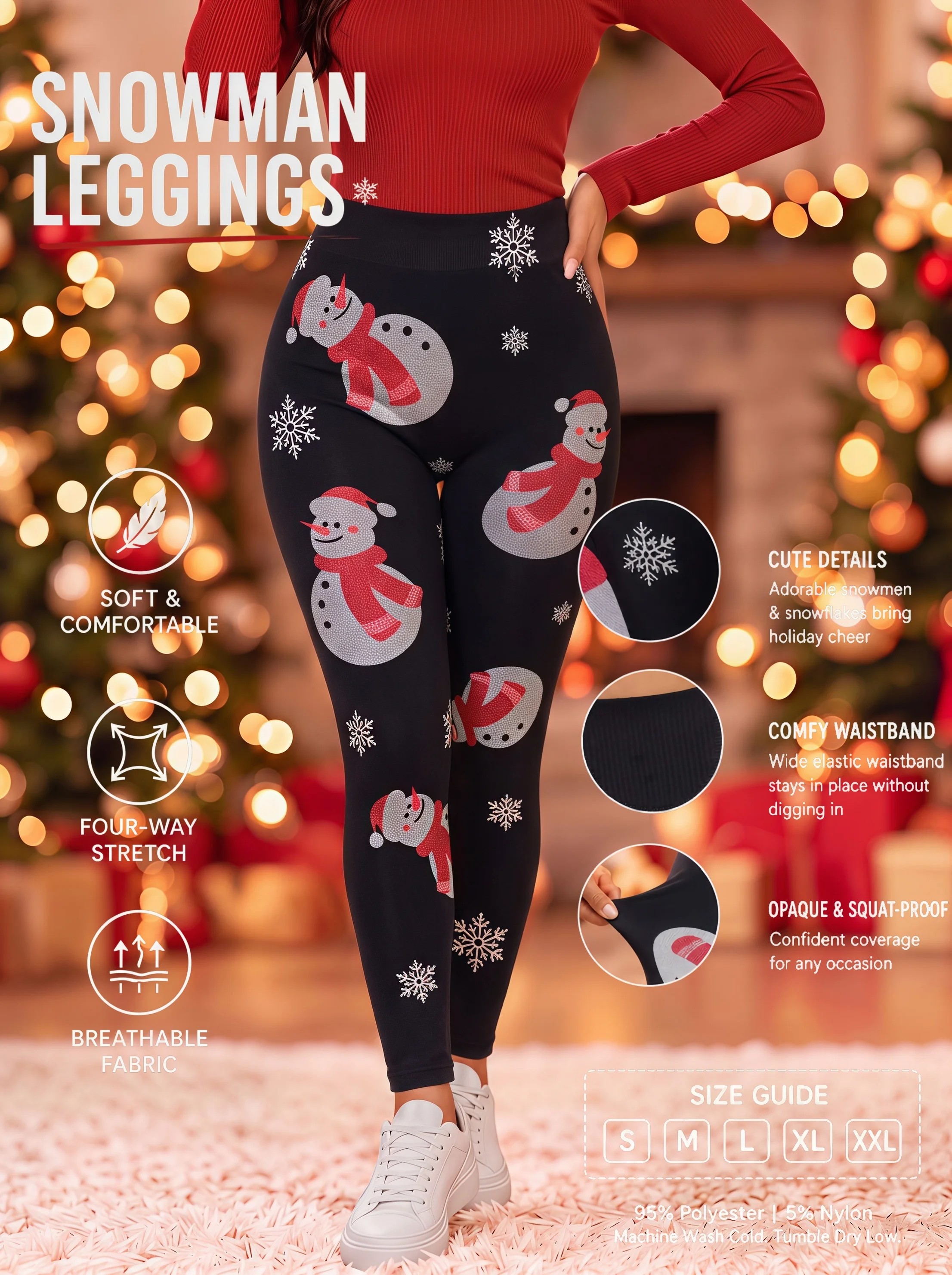 Women's High Waist Christmas Snowman Print Leggings Seamless High Stretch Skin Friendly Breathable Long Pants Snowflake Pattern