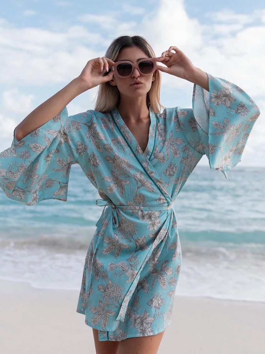 Marthaqiqi Casual Women Sleepwear V-Neck Nightgowns Long Sleeve Robe Lace Up Nightwear Mini Dress Printing Loose Ladies Pajamas