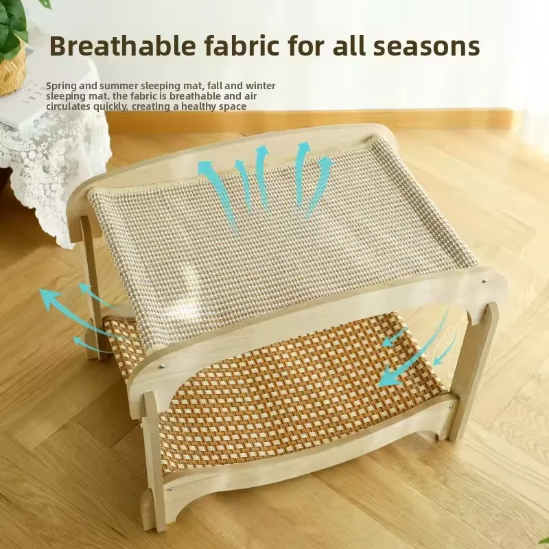 Double Layer Cat Bed Mortise Tenon Detachable Easy Assembly Wear-Resistant Elevated Cat Nest Wooden Furniture Breathable Cushion