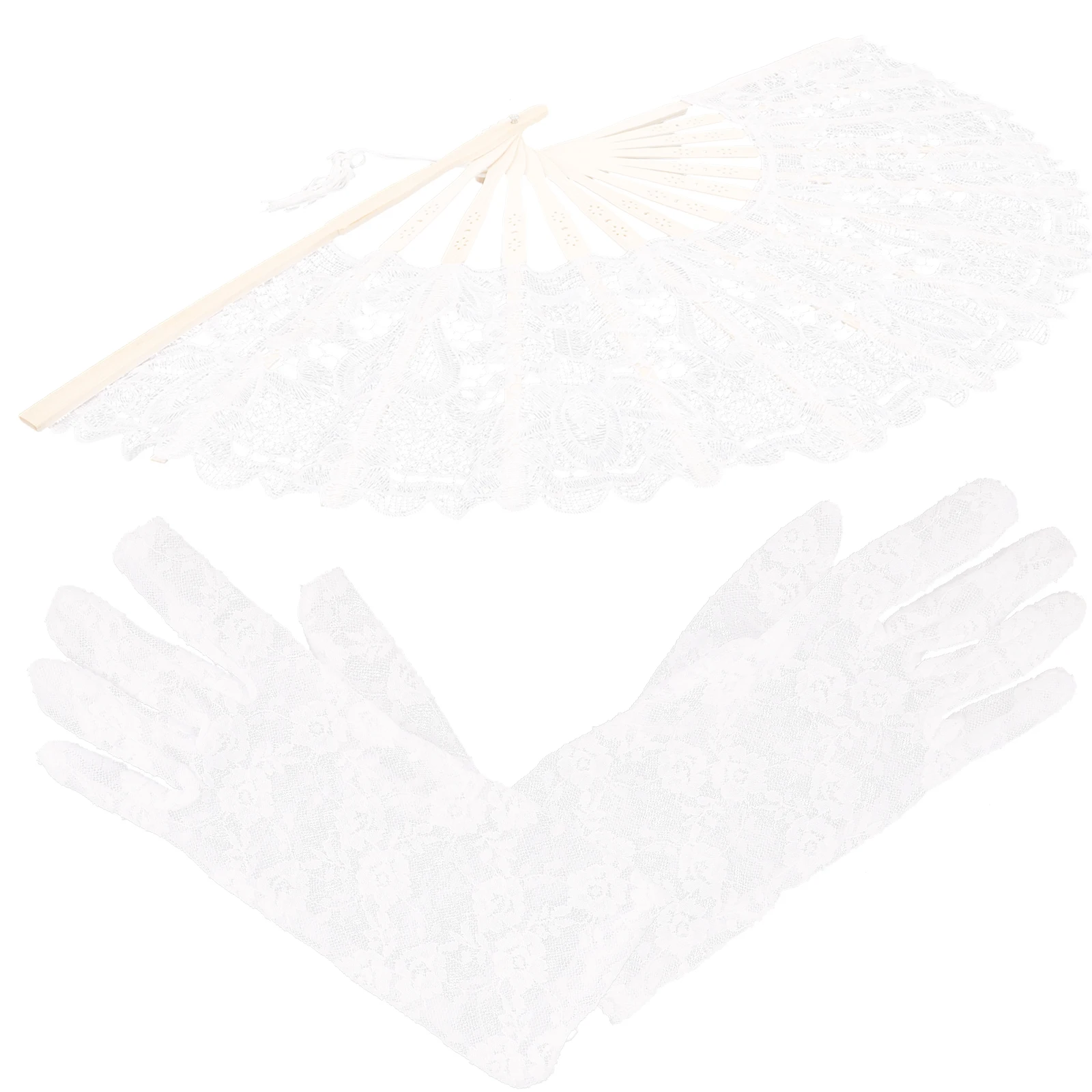 

1Set Wedding Lace Fan and Gloves Set Elegant Folding Fan for Bride Birthday Banquet Prom Performance Accessory