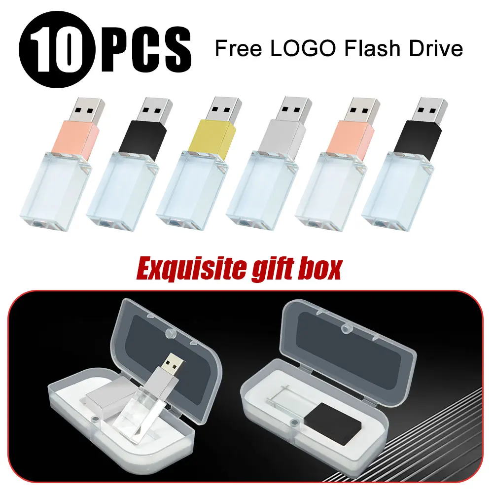 Crystal USB Flash Drive com Luz LED, Pendrive, Presentes de Fotografia, USB 2.0, 4GB, 8GB, 16GB, 32GB, 64GB, logotipo personalizado, novo, 10pcs