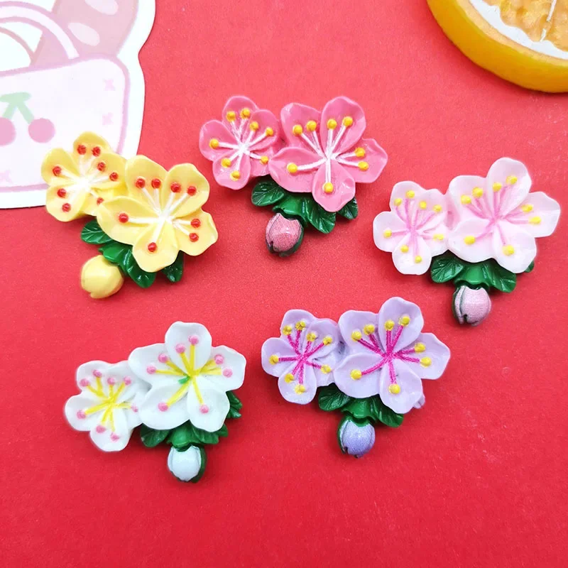 5pcs Simulation glossy twin five-petal cherry blossom resin flatback cabochons diy crafts materials jewelry making charms