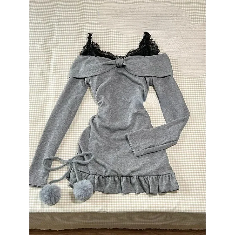 

Sweet Sexy Lace Patchwork Black Camisole Dress for Women+ Long Sleeve Slim Fit Y2k Crop Tops Autumn New Two Piece Sets Outfits
