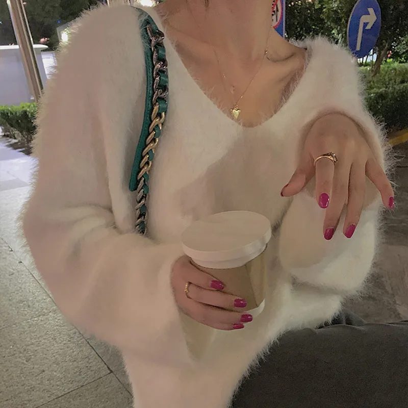 2026 New Korean Style Soft Fur Mink V-Neck Pullover Sweater Women's Spring Autumn Versatile Loose Outerwear Long Sleeve
