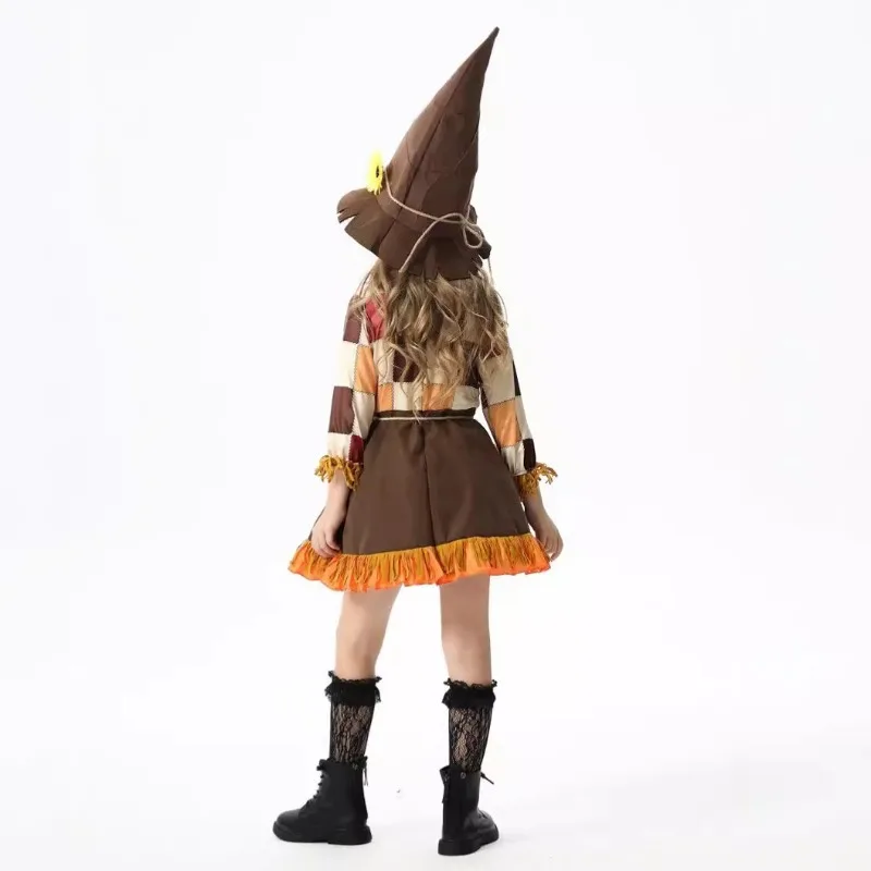 2025 New Halloween Children's Costume Pumpkin Costume Scarecrow Robin Hood Farm  Rural Costume Girls' Dress Hunter Stage Play