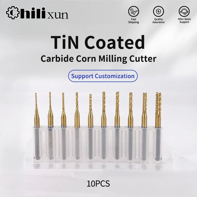 

HILIXUN 10pcs TiN Coated 0.6-3.175mm CNC Router Bit 3.175mm Shank Carbide End Mill for PCB Milling Cutter Machine Milling Tools