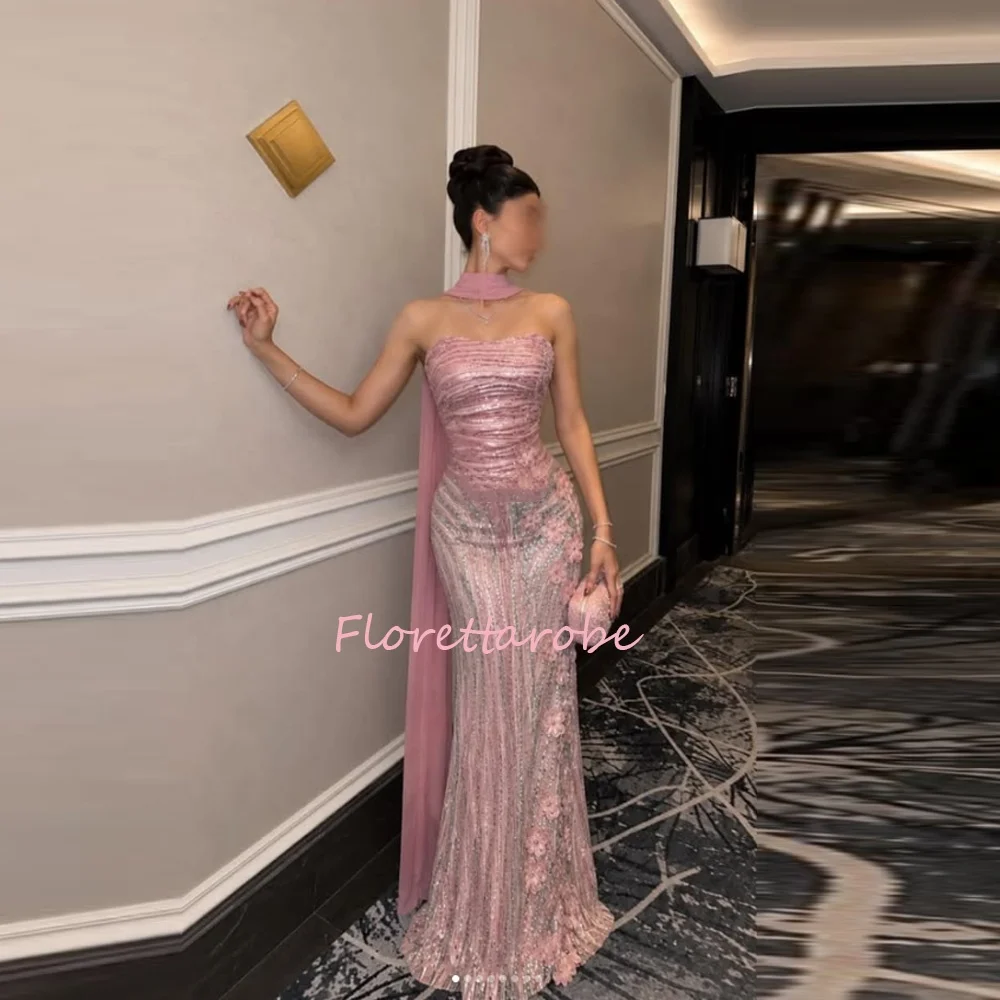 Luxury Pink Gradient Beaded Mermaid Evening Dress Strapless Crystal Floral Formal Prom Gown With Shawl Customized