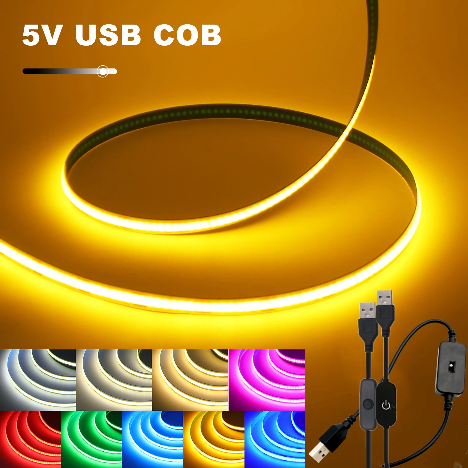 DC 5V USB COB LED Strip Lights 320LEDs/m 2Pin Wire/Touch Sensor/Hand Sweep Dimming Flexible Ribbon Tape DIY Night TV Backlights