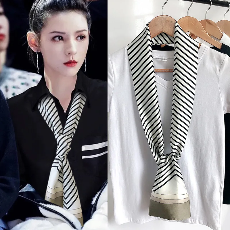 

Новый женский шелковый полосатый дизайнерский шарф, шаль, модный роскошный белый длинный узкий маленький шелковый шарф, женская повязка на голову, платок