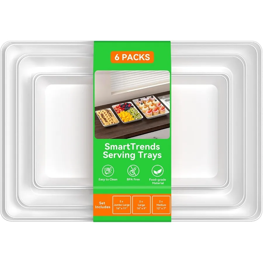 

6Pack Serving Tray for Parties Camping Food Display Stackable Rectangular Plastic Platters in 3 Sizes for Cookies Desserts and